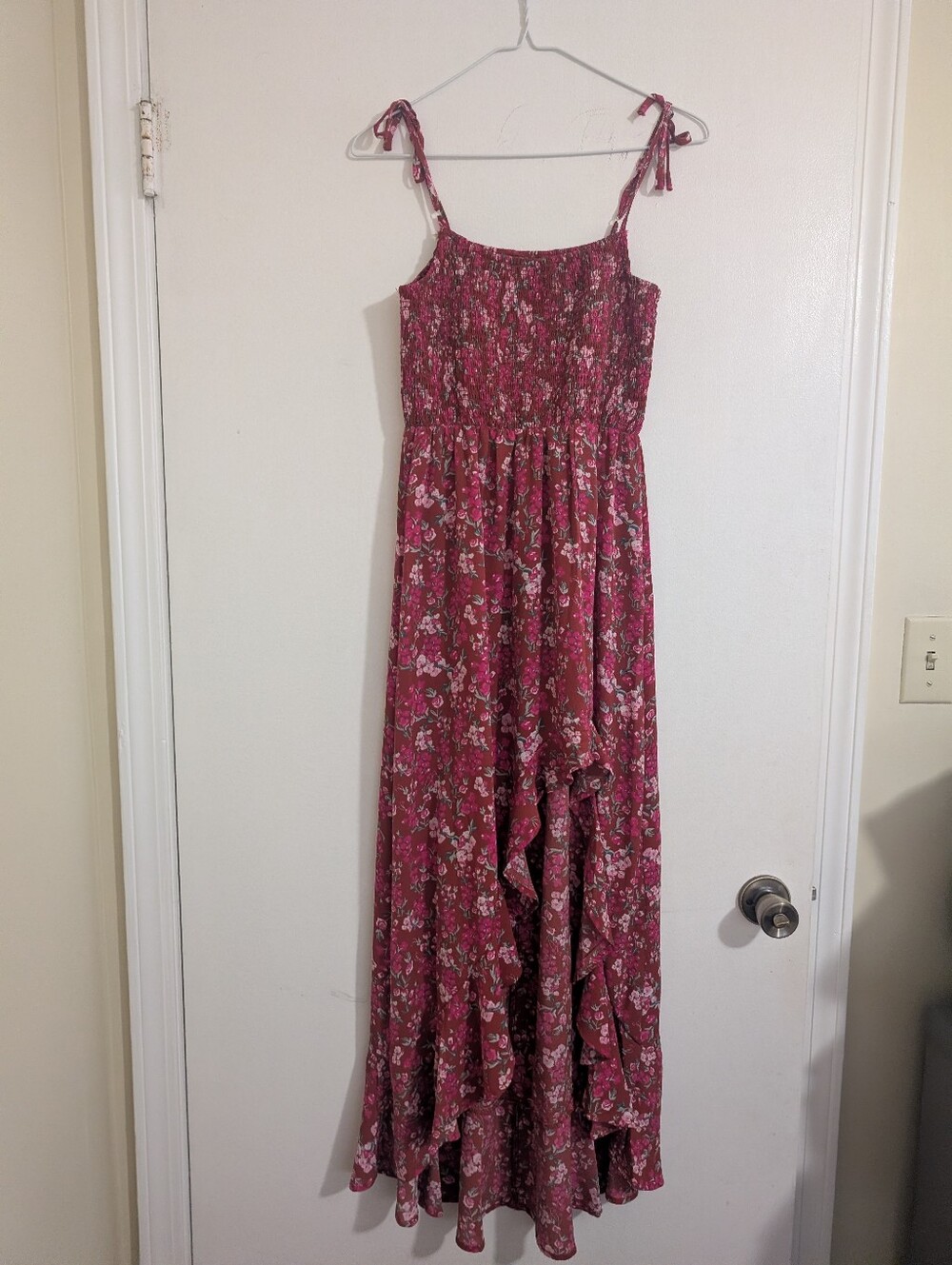 Crystal Doll Burgundy Rose Floral Smocked Ruffle High Low Maxi Dress XS